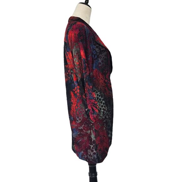 Calessa Velour Print Burnout Knit Draped Asymmetric Zip Front Cardigan - Picture 2 of 13